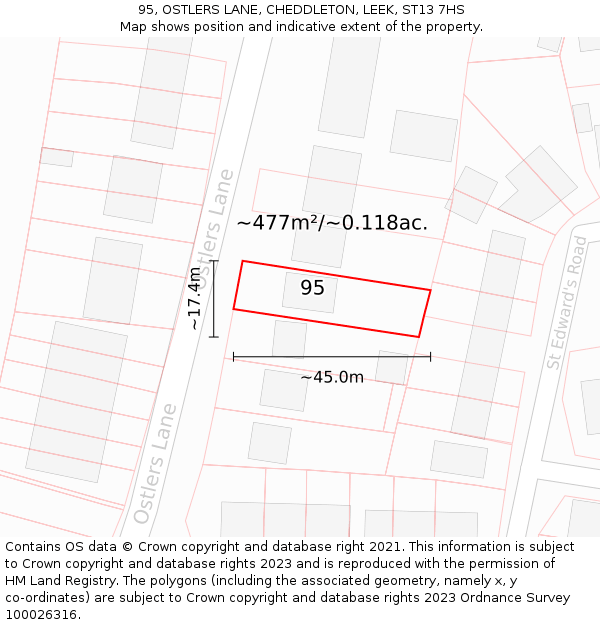 95, OSTLERS LANE, CHEDDLETON, LEEK, ST13 7HS: Plot and title map