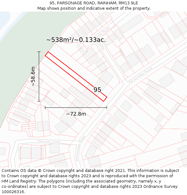 95, PARSONAGE ROAD, RAINHAM, RM13 9LE: Plot and title map