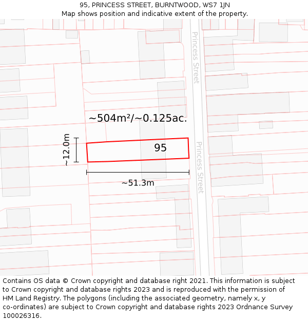 95, PRINCESS STREET, BURNTWOOD, WS7 1JN: Plot and title map