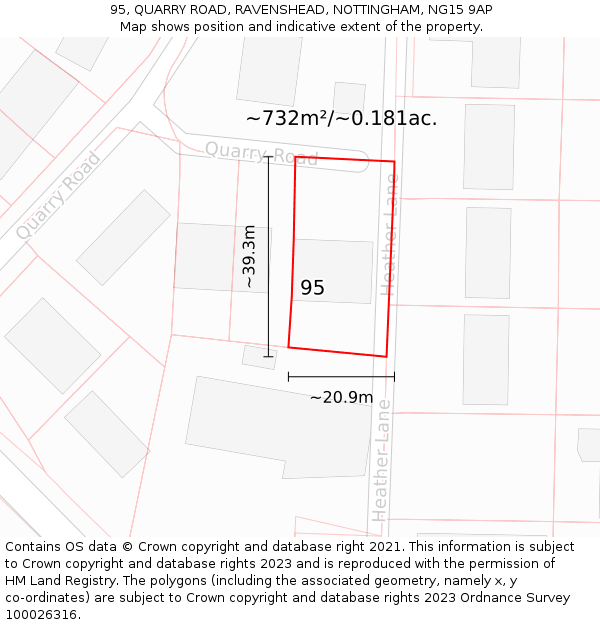 95, QUARRY ROAD, RAVENSHEAD, NOTTINGHAM, NG15 9AP: Plot and title map