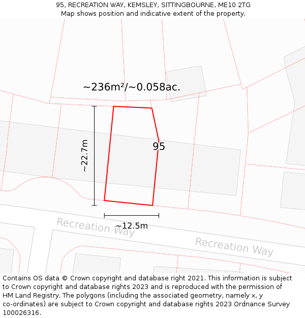 95, RECREATION WAY, KEMSLEY, SITTINGBOURNE, ME10 2TG: Plot and title map