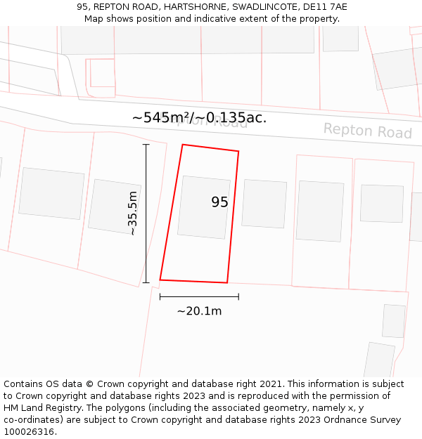 95, REPTON ROAD, HARTSHORNE, SWADLINCOTE, DE11 7AE: Plot and title map