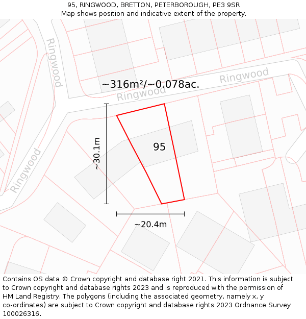 95, RINGWOOD, BRETTON, PETERBOROUGH, PE3 9SR: Plot and title map