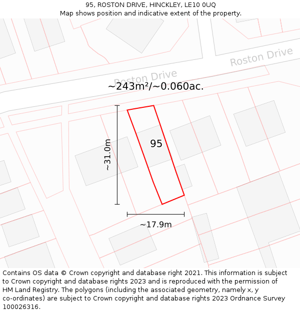 95, ROSTON DRIVE, HINCKLEY, LE10 0UQ: Plot and title map