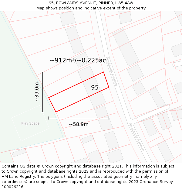 95, ROWLANDS AVENUE, PINNER, HA5 4AW: Plot and title map