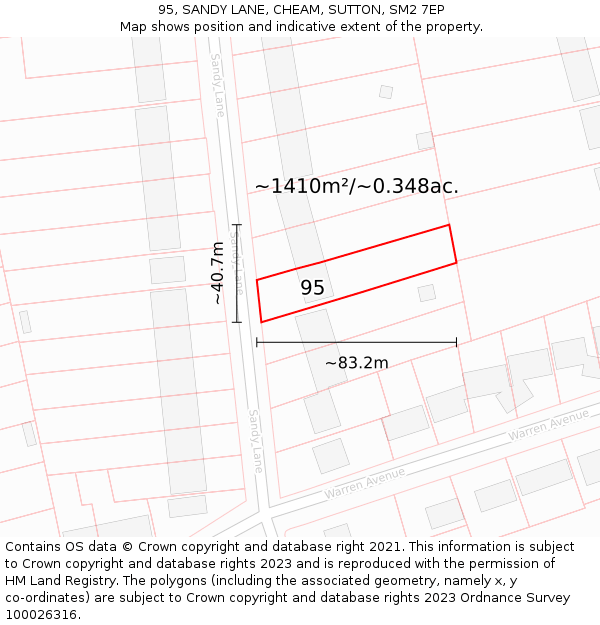 95, SANDY LANE, CHEAM, SUTTON, SM2 7EP: Plot and title map