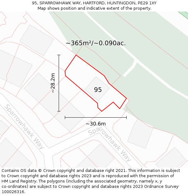 95, SPARROWHAWK WAY, HARTFORD, HUNTINGDON, PE29 1XY: Plot and title map