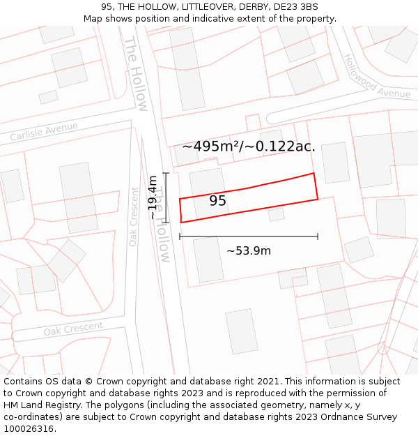 95, THE HOLLOW, LITTLEOVER, DERBY, DE23 3BS: Plot and title map