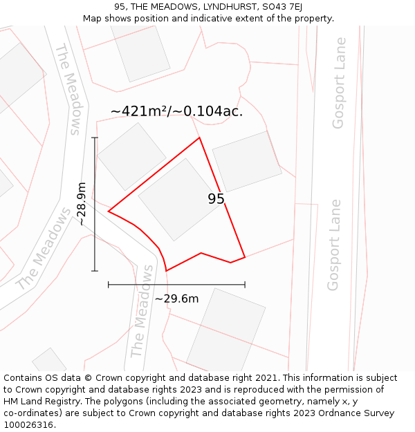 95, THE MEADOWS, LYNDHURST, SO43 7EJ: Plot and title map