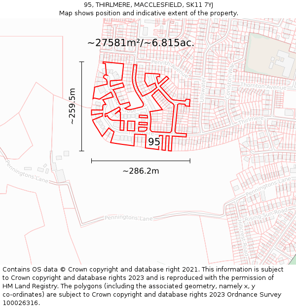 95, THIRLMERE, MACCLESFIELD, SK11 7YJ: Plot and title map