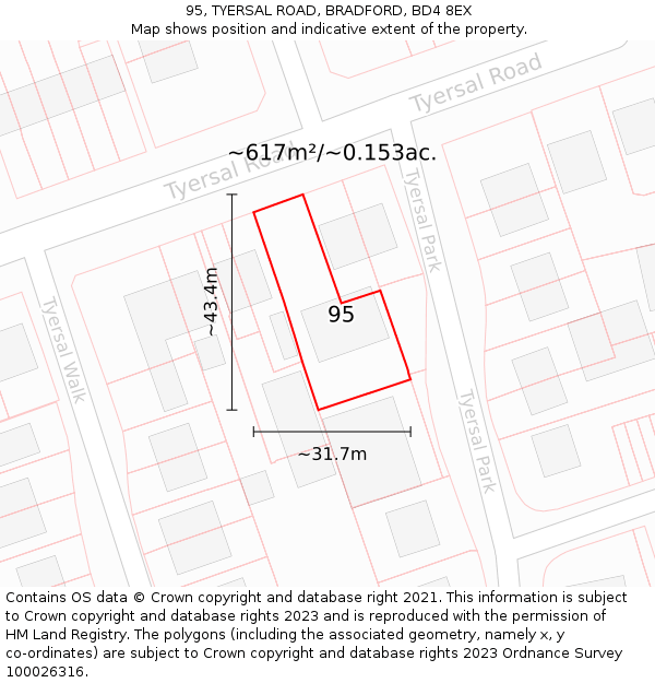 95, TYERSAL ROAD, BRADFORD, BD4 8EX: Plot and title map