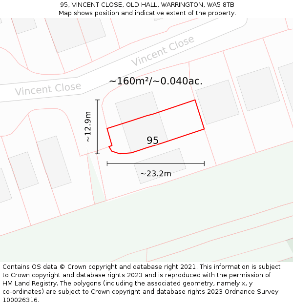 95, VINCENT CLOSE, OLD HALL, WARRINGTON, WA5 8TB: Plot and title map