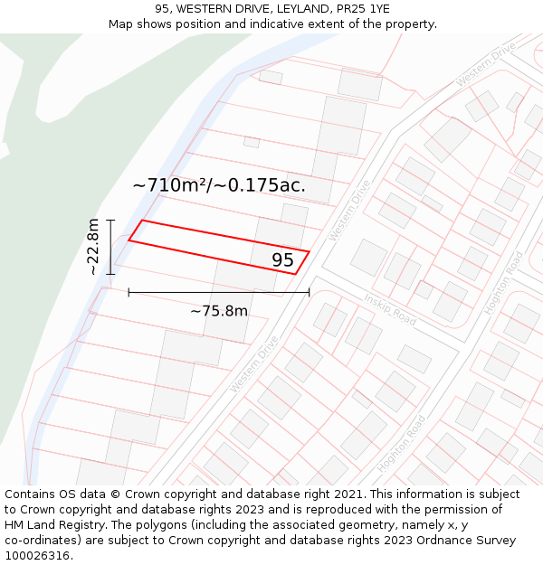 95, WESTERN DRIVE, LEYLAND, PR25 1YE: Plot and title map