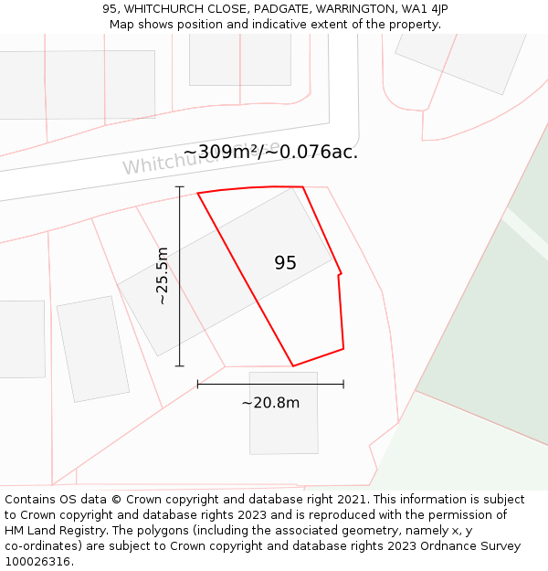 95, WHITCHURCH CLOSE, PADGATE, WARRINGTON, WA1 4JP: Plot and title map
