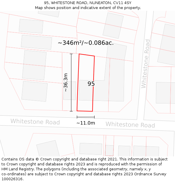 95, WHITESTONE ROAD, NUNEATON, CV11 4SY: Plot and title map