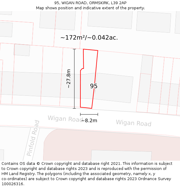 95, WIGAN ROAD, ORMSKIRK, L39 2AP: Plot and title map