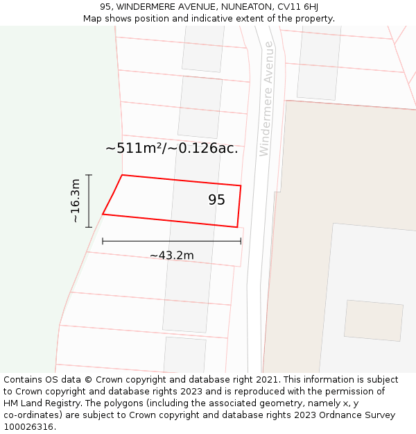 95, WINDERMERE AVENUE, NUNEATON, CV11 6HJ: Plot and title map