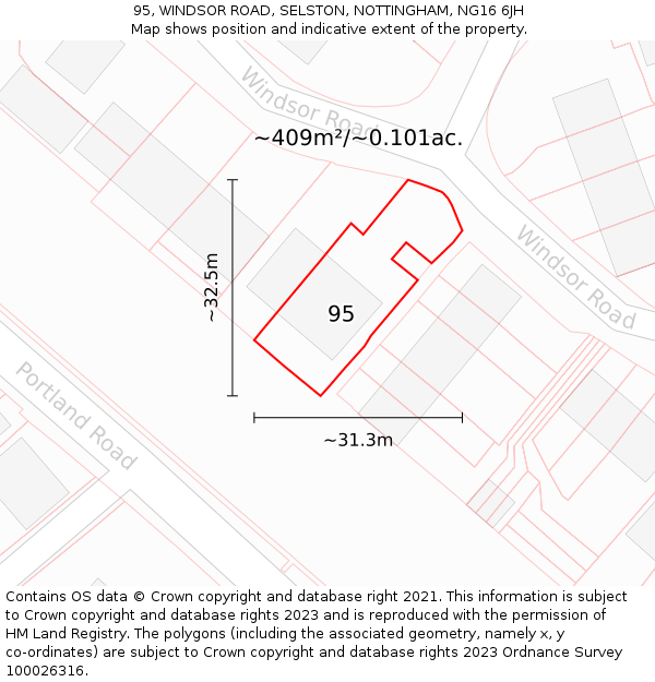 95, WINDSOR ROAD, SELSTON, NOTTINGHAM, NG16 6JH: Plot and title map