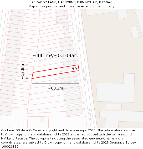 95, WOOD LANE, HARBORNE, BIRMINGHAM, B17 9AY: Plot and title map