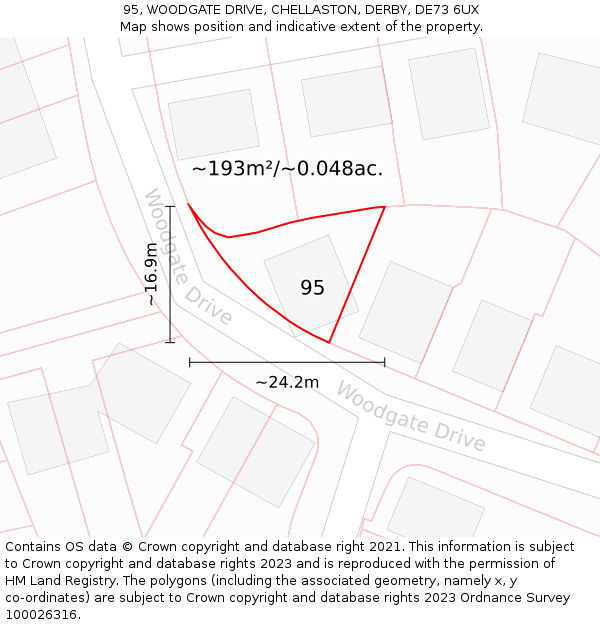 95, WOODGATE DRIVE, CHELLASTON, DERBY, DE73 6UX: Plot and title map