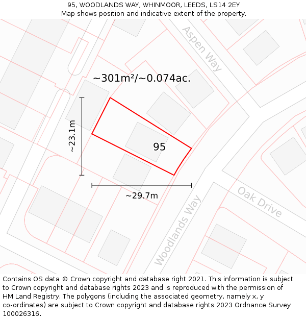 95, WOODLANDS WAY, WHINMOOR, LEEDS, LS14 2EY: Plot and title map