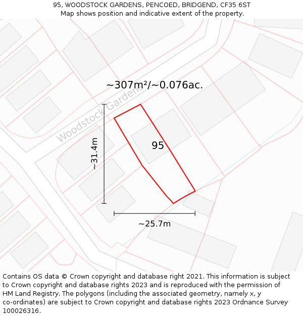 95, WOODSTOCK GARDENS, PENCOED, BRIDGEND, CF35 6ST: Plot and title map