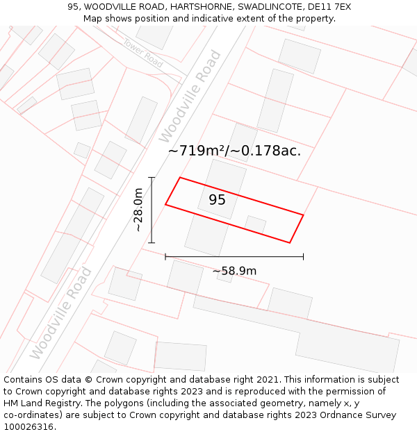 95, WOODVILLE ROAD, HARTSHORNE, SWADLINCOTE, DE11 7EX: Plot and title map