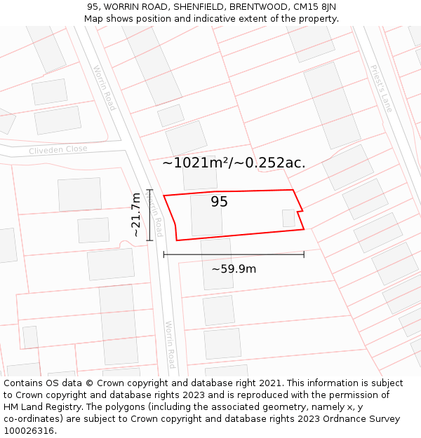 95, WORRIN ROAD, SHENFIELD, BRENTWOOD, CM15 8JN: Plot and title map