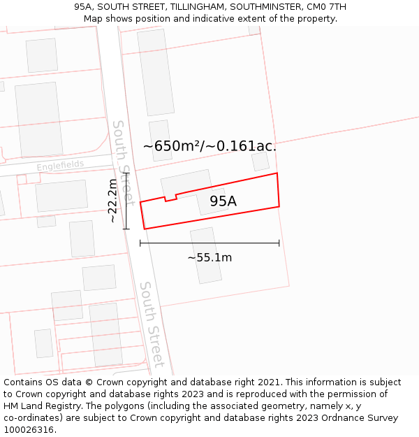 95A, SOUTH STREET, TILLINGHAM, SOUTHMINSTER, CM0 7TH: Plot and title map