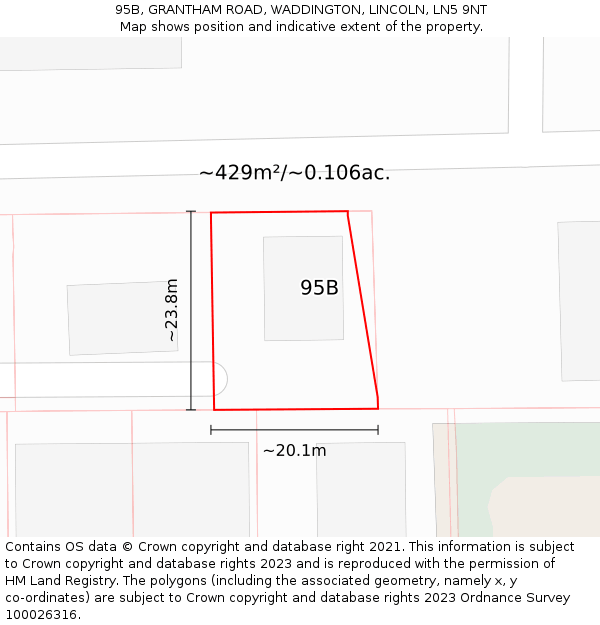 95B, GRANTHAM ROAD, WADDINGTON, LINCOLN, LN5 9NT: Plot and title map