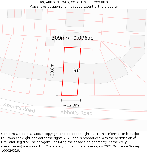 96, ABBOTS ROAD, COLCHESTER, CO2 8BG: Plot and title map