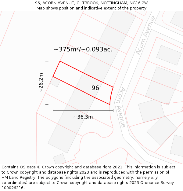 96, ACORN AVENUE, GILTBROOK, NOTTINGHAM, NG16 2WJ: Plot and title map