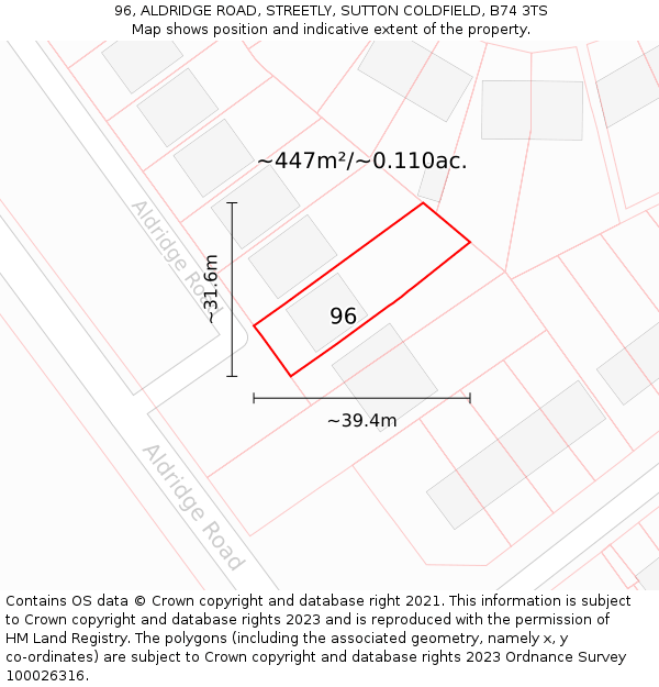 96, ALDRIDGE ROAD, STREETLY, SUTTON COLDFIELD, B74 3TS: Plot and title map