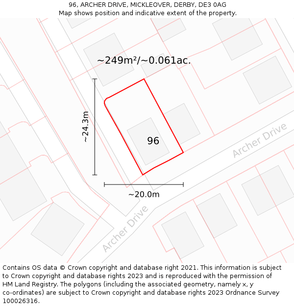 96, ARCHER DRIVE, MICKLEOVER, DERBY, DE3 0AG: Plot and title map