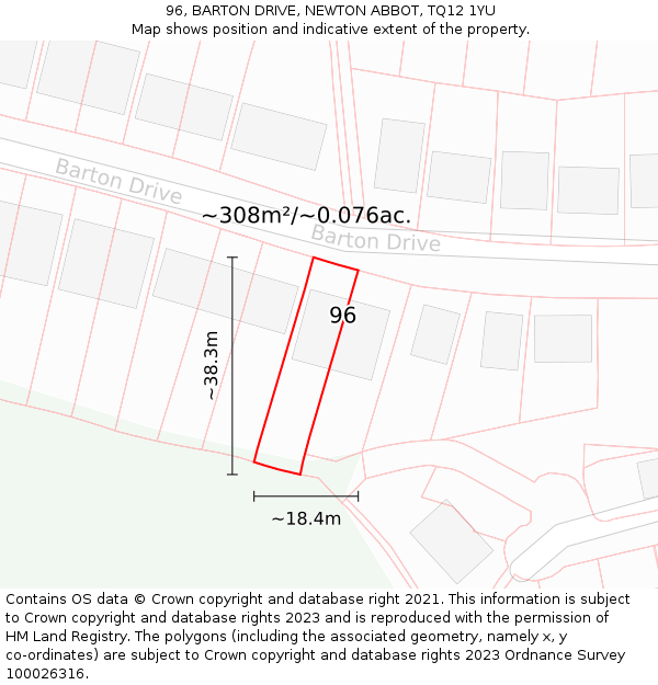 96, BARTON DRIVE, NEWTON ABBOT, TQ12 1YU: Plot and title map