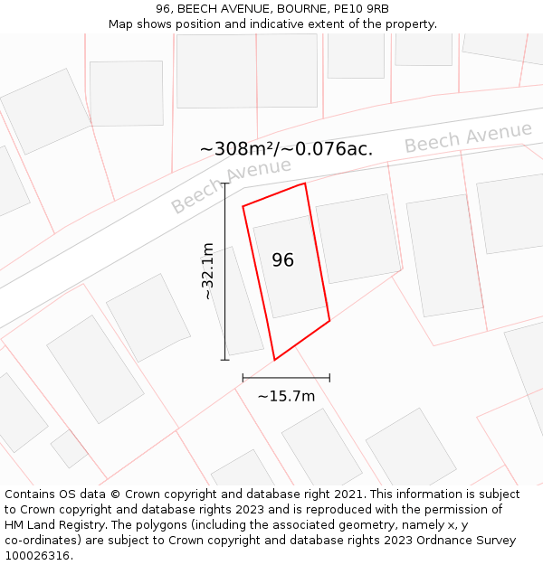 96, BEECH AVENUE, BOURNE, PE10 9RB: Plot and title map