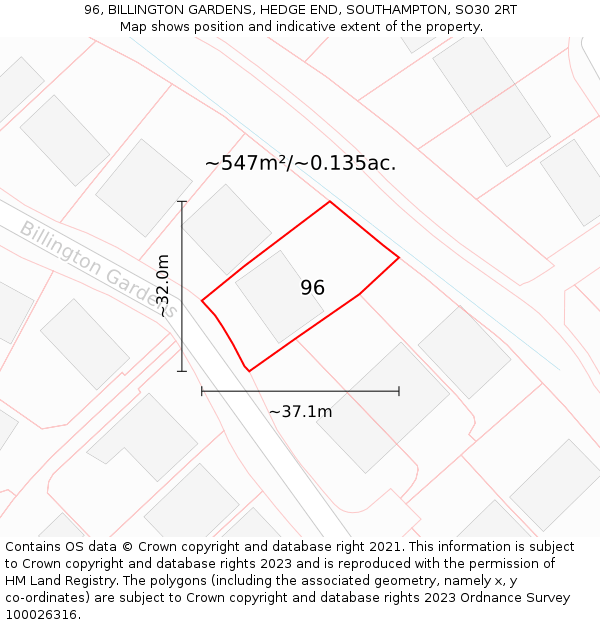 96, BILLINGTON GARDENS, HEDGE END, SOUTHAMPTON, SO30 2RT: Plot and title map