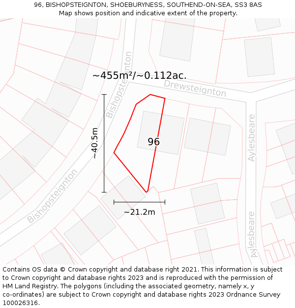 96, BISHOPSTEIGNTON, SHOEBURYNESS, SOUTHEND-ON-SEA, SS3 8AS: Plot and title map