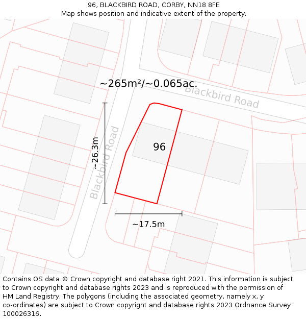 96, BLACKBIRD ROAD, CORBY, NN18 8FE: Plot and title map