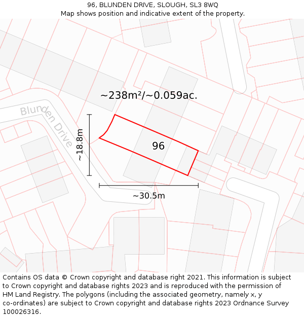 96, BLUNDEN DRIVE, SLOUGH, SL3 8WQ: Plot and title map