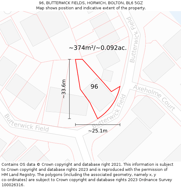 96, BUTTERWICK FIELDS, HORWICH, BOLTON, BL6 5GZ: Plot and title map