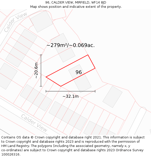 96, CALDER VIEW, MIRFIELD, WF14 8JD: Plot and title map