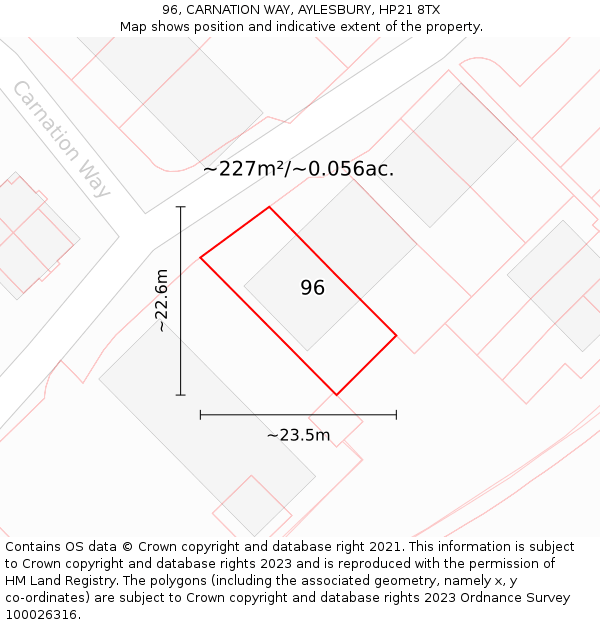 96, CARNATION WAY, AYLESBURY, HP21 8TX: Plot and title map