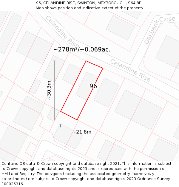 96, CELANDINE RISE, SWINTON, MEXBOROUGH, S64 8PL: Plot and title map