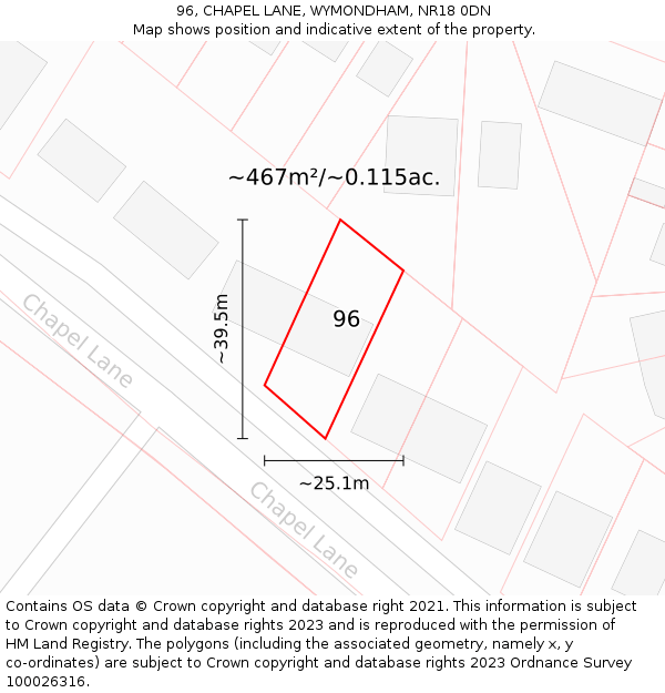 96, CHAPEL LANE, WYMONDHAM, NR18 0DN: Plot and title map