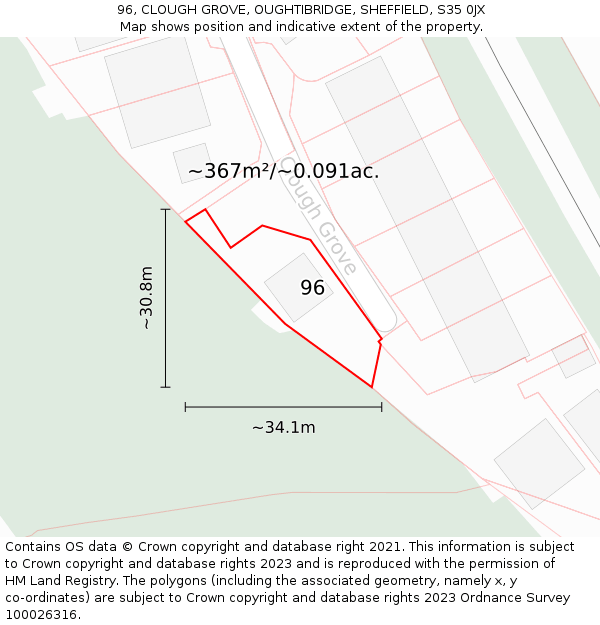 96, CLOUGH GROVE, OUGHTIBRIDGE, SHEFFIELD, S35 0JX: Plot and title map