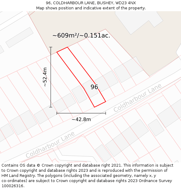 96, COLDHARBOUR LANE, BUSHEY, WD23 4NX: Plot and title map
