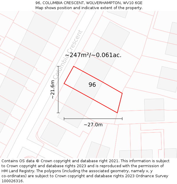 96, COLUMBIA CRESCENT, WOLVERHAMPTON, WV10 6GE: Plot and title map