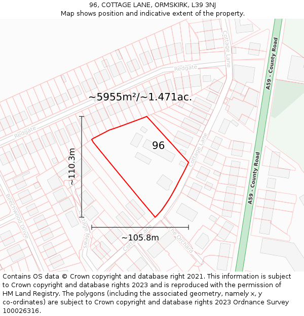 96, COTTAGE LANE, ORMSKIRK, L39 3NJ: Plot and title map