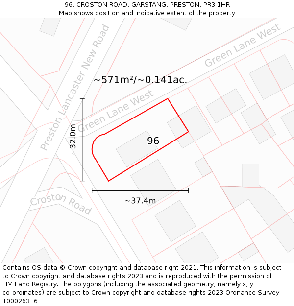 96, CROSTON ROAD, GARSTANG, PRESTON, PR3 1HR: Plot and title map